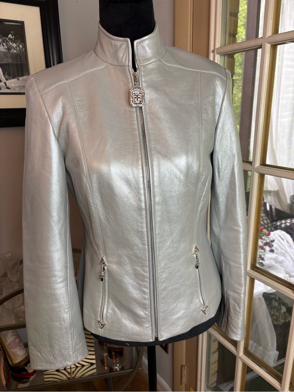 St. John Sport by Marie Gray Metallic Silver Leather Zip Jacket